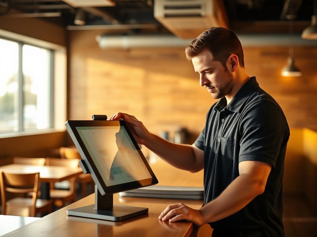 Techniker richtet ein Tablet auf einem Tresen ein